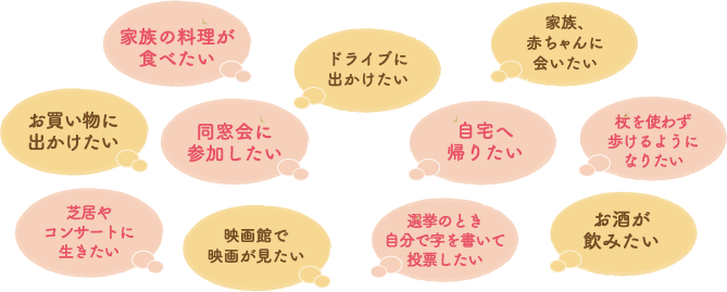 家族の料理が食べたい　ドライブに出かけたい　家族、赤ちゃんに会いたい　お買い物に出かけたい　同窓会に参加したい　自宅へ帰りたい　杖を使わず歩けるようになりたい　芝居やコンサートに生きたい　映画館で映画が見たい　選挙のとき自分で字を書いて投票したい　お酒が飲みたい